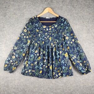 Blushing Heart Blouse Women M Blue Peasant Top Floral Smocked Sheer Long Sleeve‎